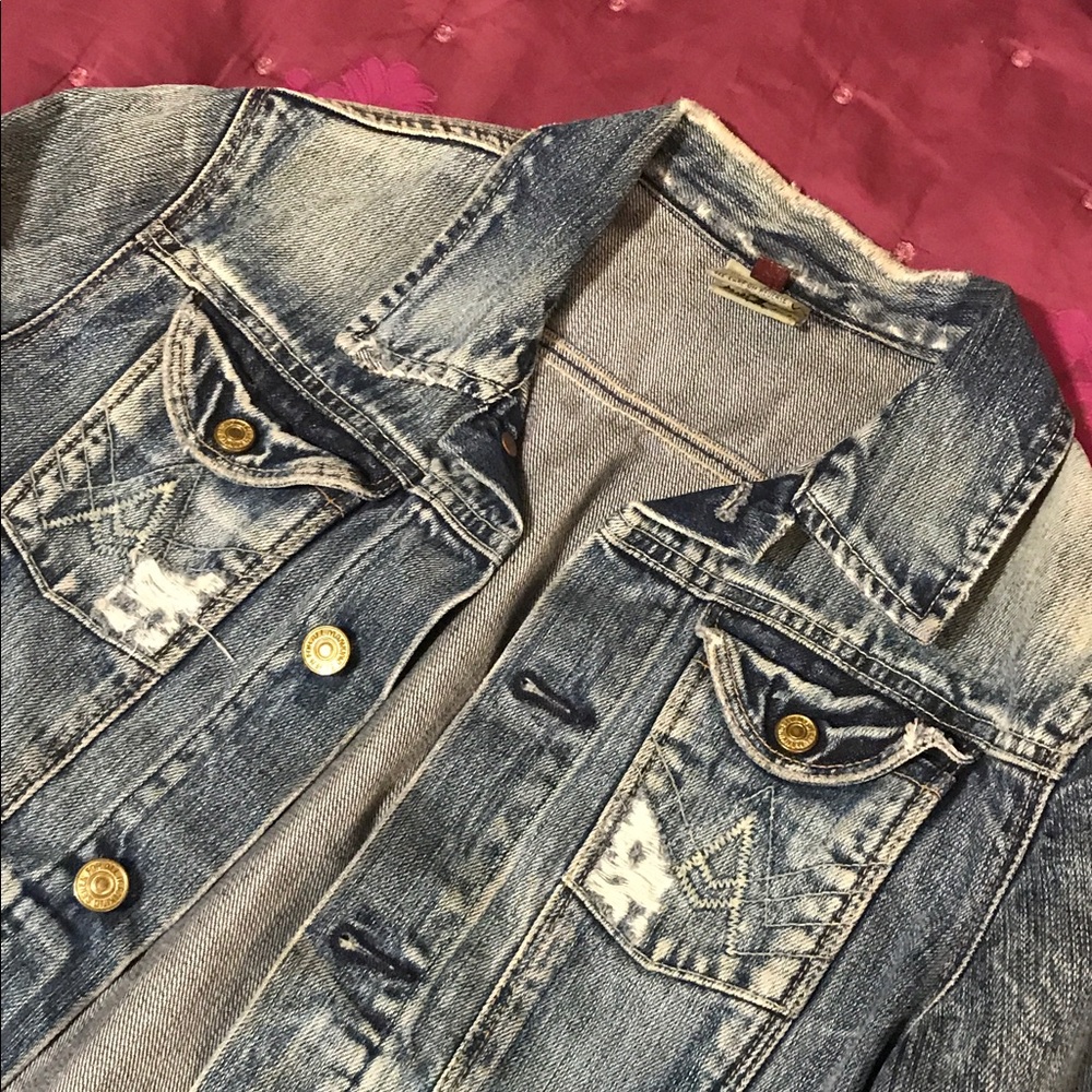 7 For All Mankind Faded Blue Distressed Denim Jacket